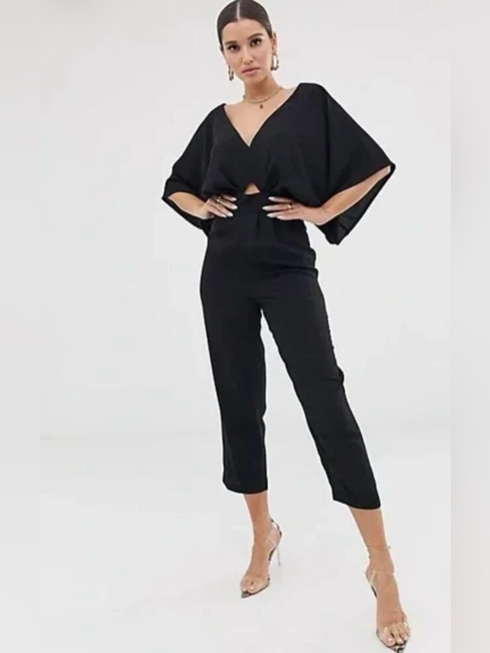 ASOS Black V-Neck Dolman Sleeve Cropped Jumpsuit